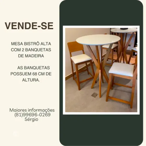 Mesa Bistrô Alta com 2 Banquetas de Madeira