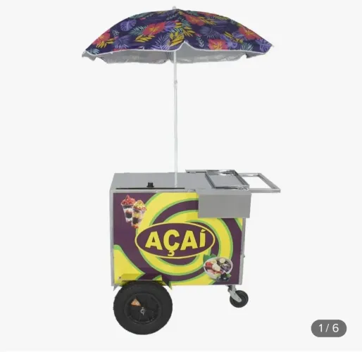 Carrinho de Açaí Inox C/ Adesivo E rodas E Guarda Sol
