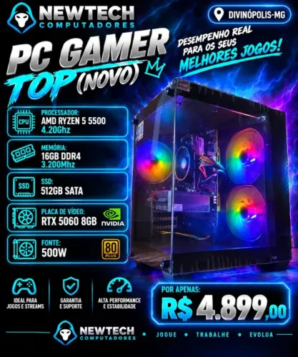 (NOVO) CPU Gamer R5 5500 4.2Ghz / Mem 16Gb RGB / SSD 512Gb / RTX 5060 8Gb (aceito cartão)
