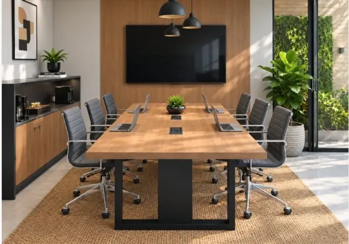 Mesa de Reunião Trapeze Delluxe. Alto Padrão: 8 tomadas L260cm x L120cm x A74cm.