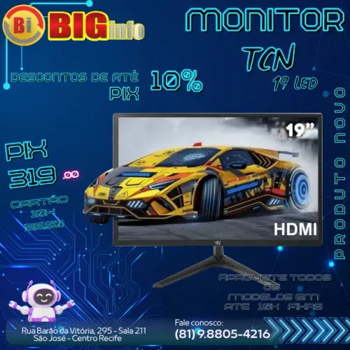 Monitor Led 19" LED TCN 60Hz Preto Em ate 10x Fixas