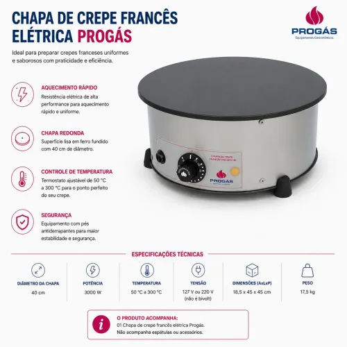 Chapa de crepe francês elétrica PROGÁS
