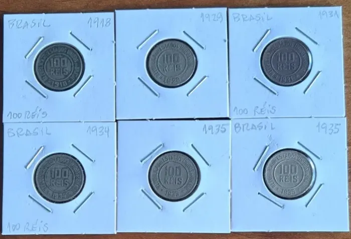 6 moedas de 100 Réis de 1918 a 1935 bem conservadas no coin holder