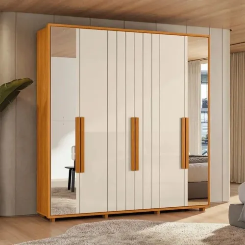 Roupeiro Casal Veronese Frisado 6P com Espelho 100% MDF - Cinamomo/Off White <br>