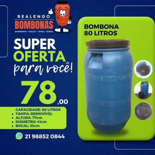 Bombona de 80 litros, Bombonas Galões Tambores Barris Tonéis, água ração, gelo, suco, óleo
