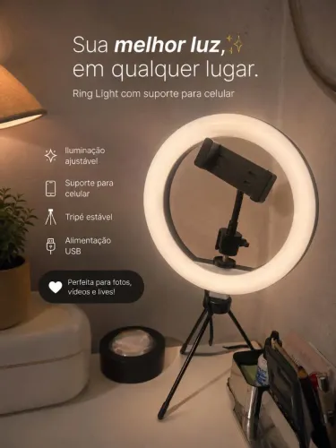 Ring Light Seminova com Tripé e Suporte para Celular