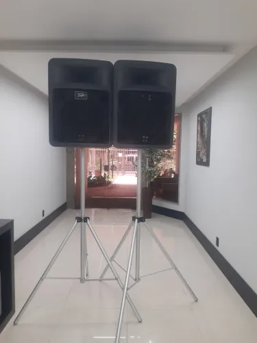 Caixa de som acústica com alto-falante de 15 polegadas e pedestal, muito conservada.