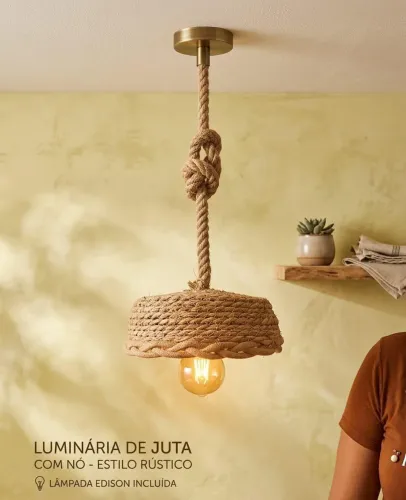 Lustre Pendente Rústico de Corda e Juta (Com Lâmpada Edison Inclusa) - Novo