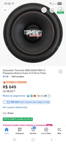Subwoofer Tormento Sbw 650w RMS Bobina Dupla