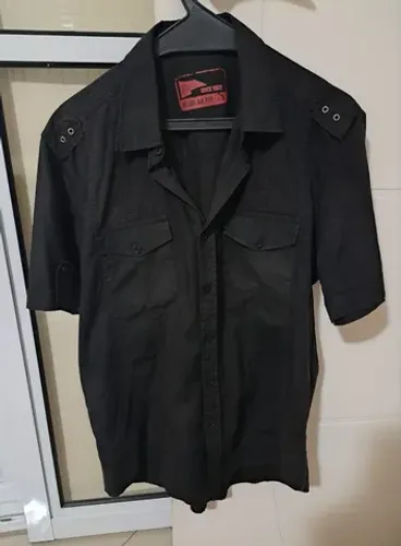 Camisa Social Masculina Preta Desbotada Manga Curta Tamanho P Usada - Pool