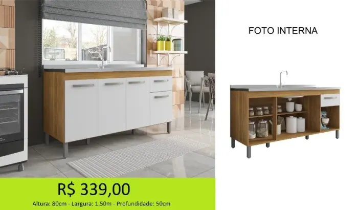 Balcão 1,50 p/pia grande espaço interno