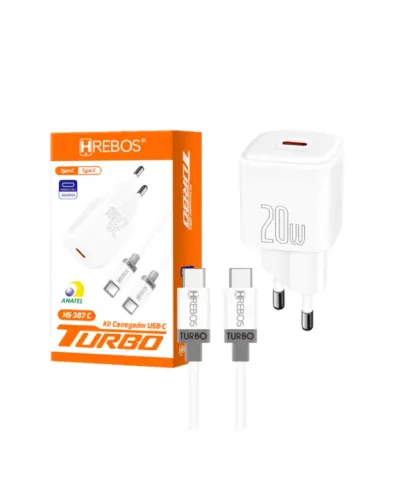 CARREGADOR 1 USB TIPO-C 1 CABO TIPO-C 20W HREBOS HS-387C BRANCO