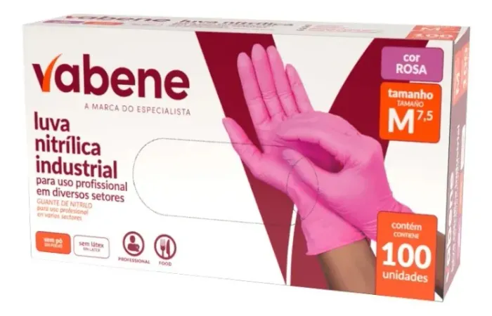 Luva Nitrílica Rosa Descartável Vabene Tamanho P-M Caixa Com 100 Unidades