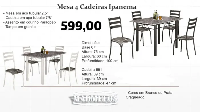 Mesa 4 Cadeiras Ipanema granito 100x60 ENTREGA HOJE MESMO - LIGUE AGORA 