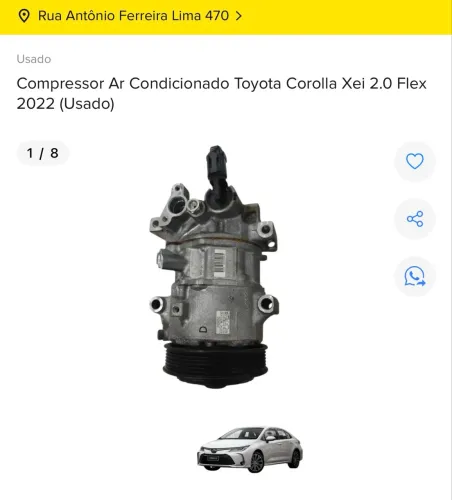 COMPRESSOR AR CONDICIONADO TOYOTA COROLLA XEI 2.0 FLEX 2022 2023 COM NF E GARANTIA 