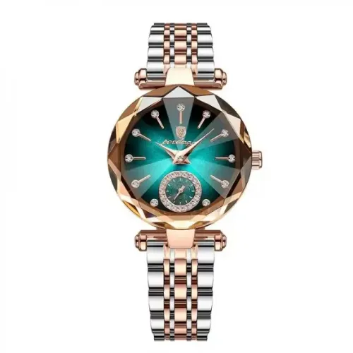 Relógio Poedagar Movimento Quartzo Feminino Casual Prata Verde Aço MD719 (Original)