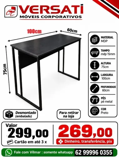 mesa 100cm x 60cm pé de metal cor preta ( produto novo ) promoção
