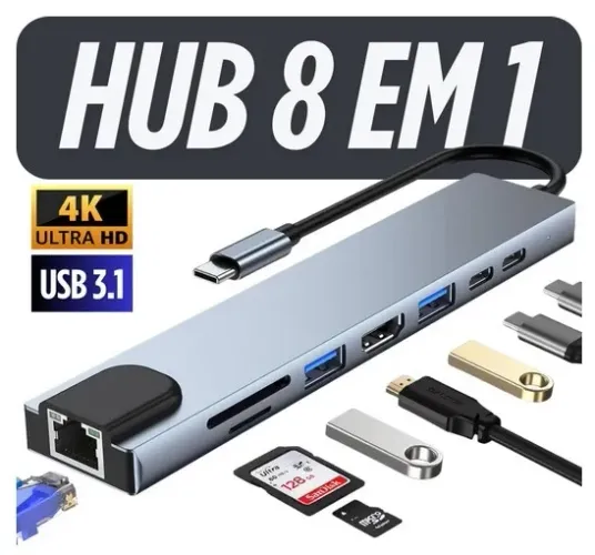 HUB Tipo C USB 3.0 rede hdmi 8 em 1 Neo-2-8