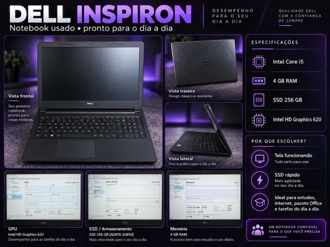 Dell Inspiron i5, 4GB RAM, SSD 256GB e Intel HD 620. Ideal para estudos e uso diário.