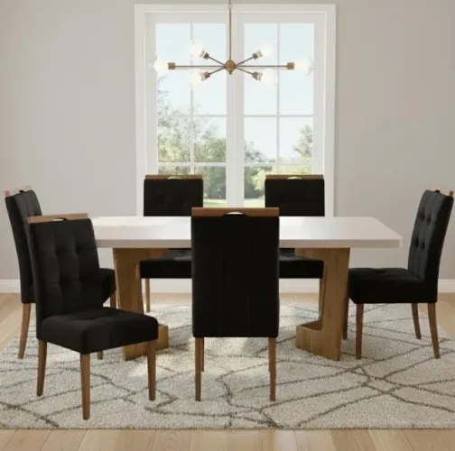 Conjunto Atenas 160 Cinamomo Off White 6 Cadeiras Veludo Preto