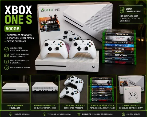 XBOX ONE S 500GB BRANCO COMPLETO + 2 CONTROLES + 8 JOGOS + CAIXAS