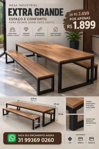 Mesa Industrial Extra Grande 2,75m com 2 Bancos Reforçados