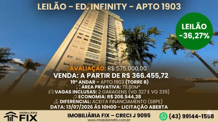 ? 19º ANDAR NO ED. INFINITY: AVALIADO EM R$ 575 MIL POR R$ 366 MIL E ACEITA FINANCIAMENTO