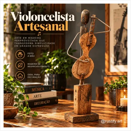 Escultura Violoncelista Artesanal em Madeira Reciclada - Decoração Rústica Exclusiva