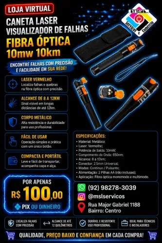 Caneta Laser Visualizador De Falhas Fibra Óptica 10mw 10km | Laser Vermelho | Até 8~12 km