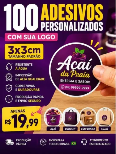 100 ADESIVOS 3X3 PERSONALIZADOS COM SUA LOGO | Adesivo Para Embalagem