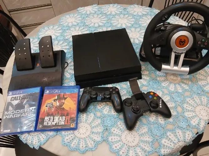 Ps4 Slim 1TB + FAT 2controles + 2 jogos + Volante KROM