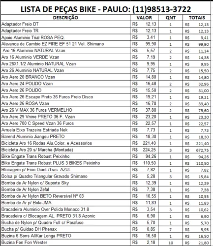Lote de peças de bicicletas (aro-cubo-raio-alavanca-pneu-camara-canote-garrafa-mante-etc.)