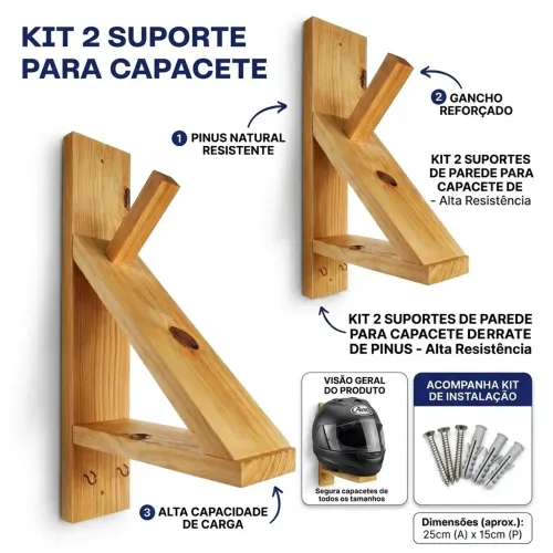Kit 2 suportes para capacete em pinus envernizado
