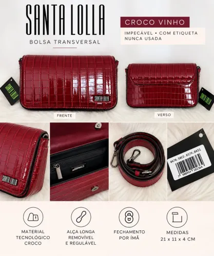 BOLSA SANTA LOLLA TRANSVERSAL CROCO VINHO ORIGINAL NOVA COM ETIQUETA