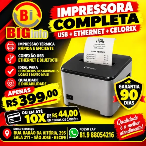 Impressora Termica Não Fiscal USB Rede Ethernet Com Guilhotina Automática - Em ate 10x