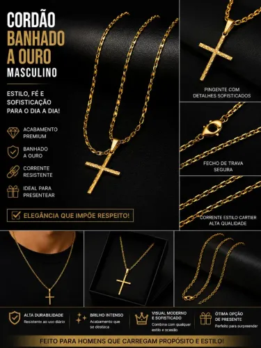 Cordão Masculino Banhado a Ouro com Pingente de Cruz