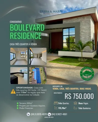 VENDA - CASA NO CONDOMÍNIO BOULEVARD RESIDENCE, MOSSORÓ RN.
