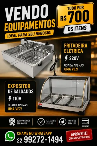 Vendo fritadeira elétrica com 2 cubas de 5 litros cada 220v, um expositor para salgados