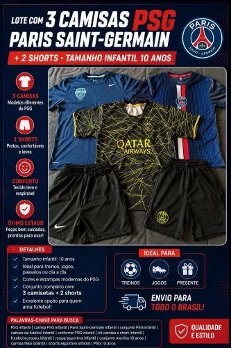 Lote com 3 Camisas PSG Paris Saint-Germain + 2 Shorts - Tam. Infantil 10 anos