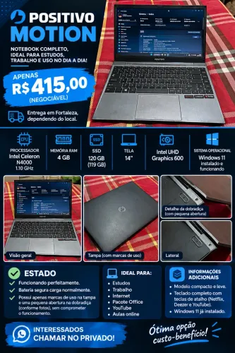 Notebook Positivo Motion Celeron N4000 4GB RAM SSD 120GB