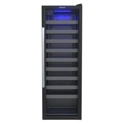 CHAMPANHEIRA VENAX 50 GARRAFAS 200 LTS 127 V- PRETO FOSCO ILUMINAÇÃO INTERNA LED VIDRO DUP