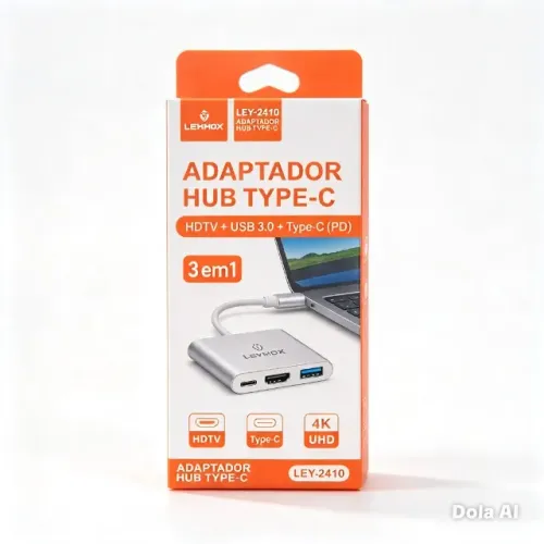 Adaptador Hub Type-C 3 em 1 HDMI 4K USB 3.0 Carregamento PD Lehmox LEY-2410 pode retirar n