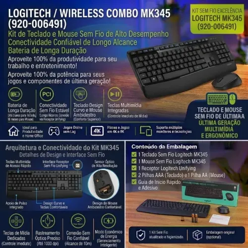 LOGITECH WIRELESS COMBO MK345 - TECLADO + MOUSE SEM FIO