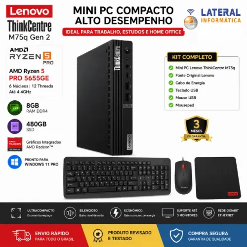 Mini Pc Lenovo ThinkCentre M75q Tiny / Gen 2 AMD Ryzen 5 PRO 8GB RAM e SSD 480GB