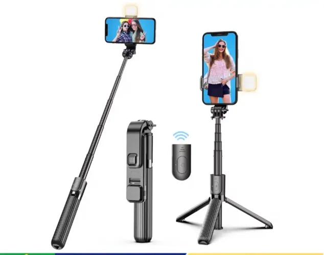 Bastão de Selfie Bluetooth com Iluminação, Tripé e Controle Extensível até 71,1 cm