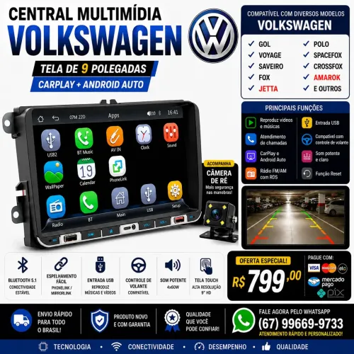 Central Multimídia Volkswagen 9? CarPlay + Android Auto + Câmera