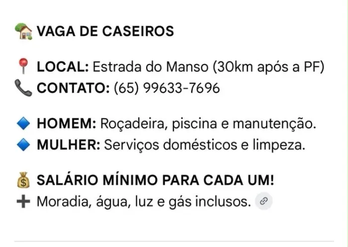 Vaga de caseiros chácara de lazer estrada do mando