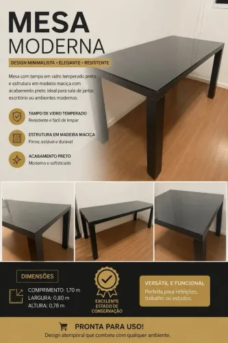 ? Mesa de Jantar / Escritório com Tampo de Vidro Preto - 1,70m