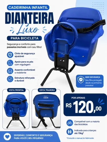 Cadeirinha Infantil Dianteira para Bicicleta Pojda Luxo Azul - Completa