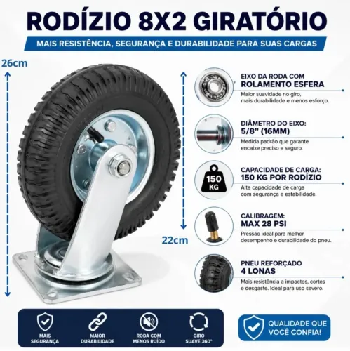 Rodízio com rolamento giratório 8 polegadas